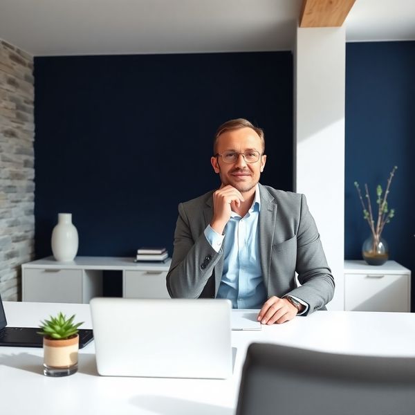 Portret finančnega svetovalca za pisalno mizo v moderni slovenski pisarni z indigo poudarki